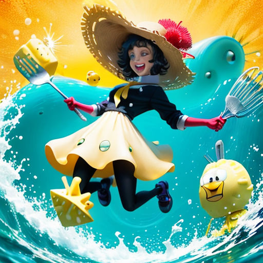 a cartoon character is jumping in the air with a hat and a broom in her hand and a fish in the background