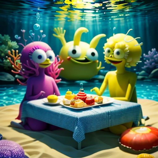 a cartoon of some people sitting at a table with food and drinks in front of them, under the water