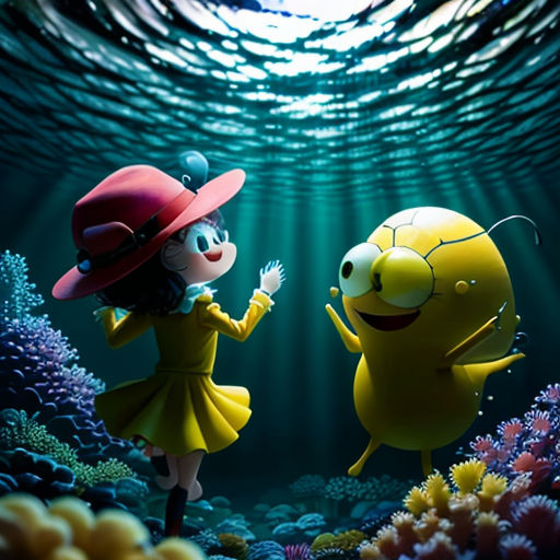 a cartoon character is standing next to a yellow fish in the ocean with a red hat on and a red hat on