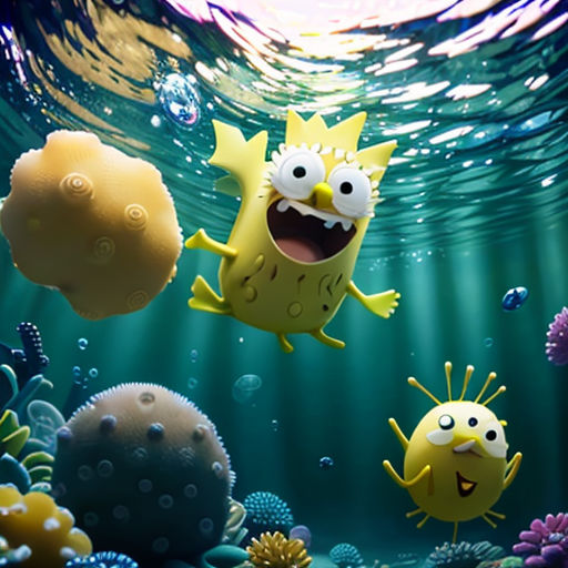 a cartoon character is swimming in the ocean with other cartoon characters around him and a fish in the water