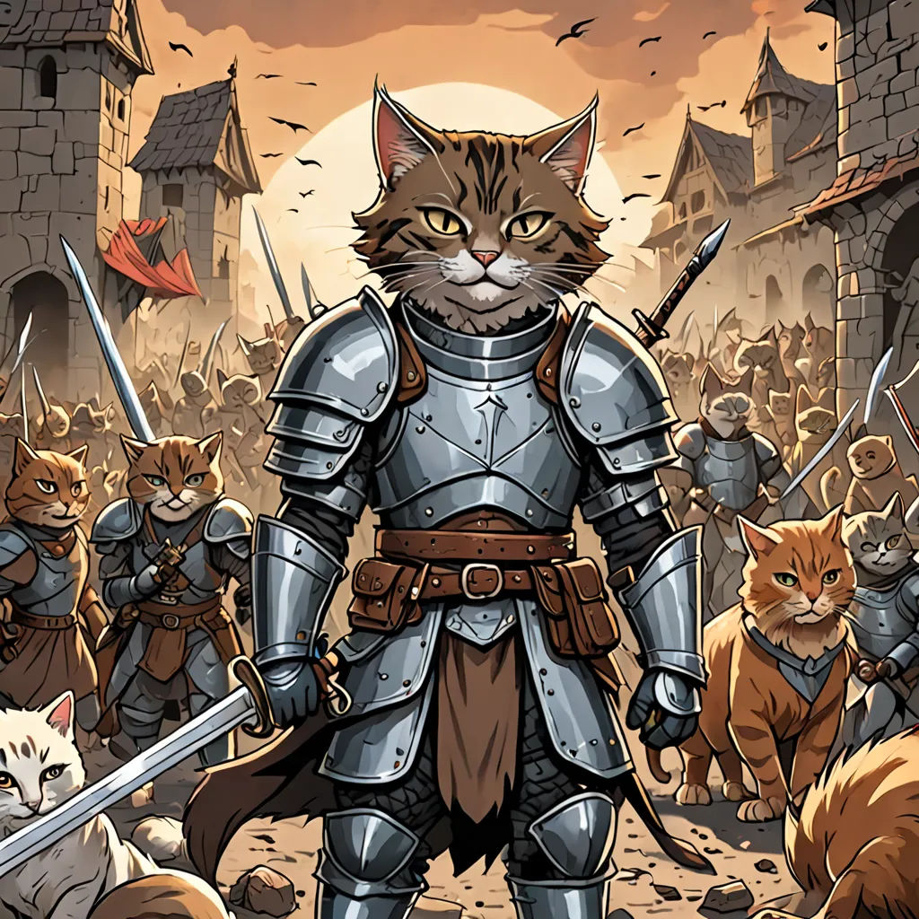 a cat in a knight outfit standing in front of a group of cats and cats on a street with a castle in the background, furry art, a comic book panel, David Teniers III, trending on furaffinity
