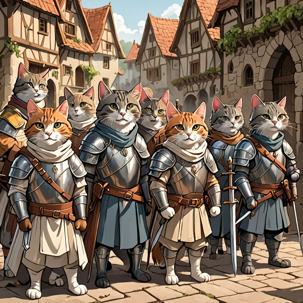 a group of cats standing next to each other in front of a castle with knights and cats on it, furry art, concept art, David Teniers III, official art