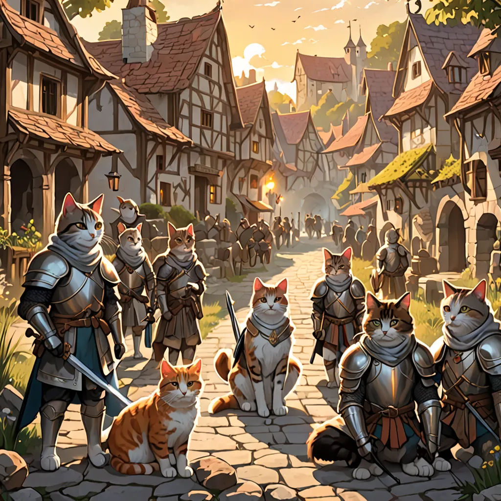 a painting of a group of cats and knights in a village setting with a cat sitting on the ground, furry art, concept art, Chris Rahn, official art