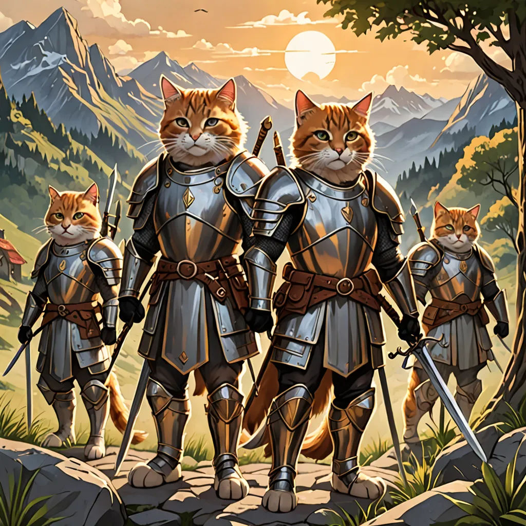 a group of cats standing next to each other in front of a forest and mountains with a sunset behind them, furry art, an album cover, David Teniers III, magic the gathering artwork