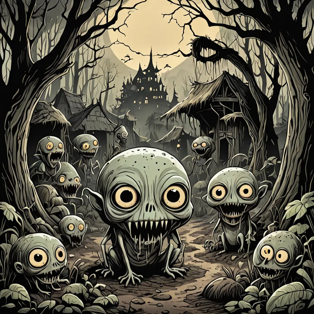 a group of creepy little monsters in a forest with a house in the background and a full moon in the sky, gothic art, poster art, Dan Mumford, grotesque