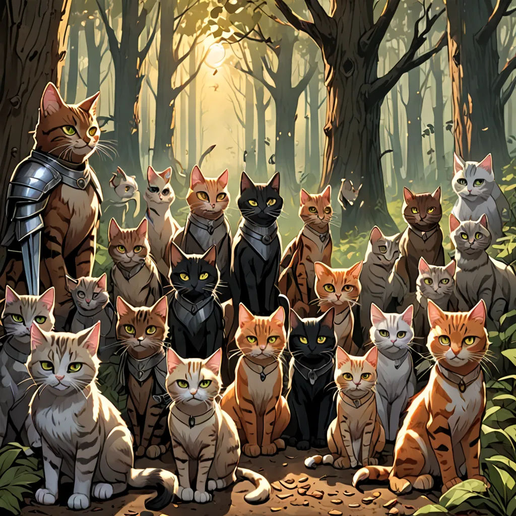 a group of cats sitting in the woods together with a knight in the background of the picture and a forest full of trees, furry art, a storybook illustration, Dan Mumford, official art