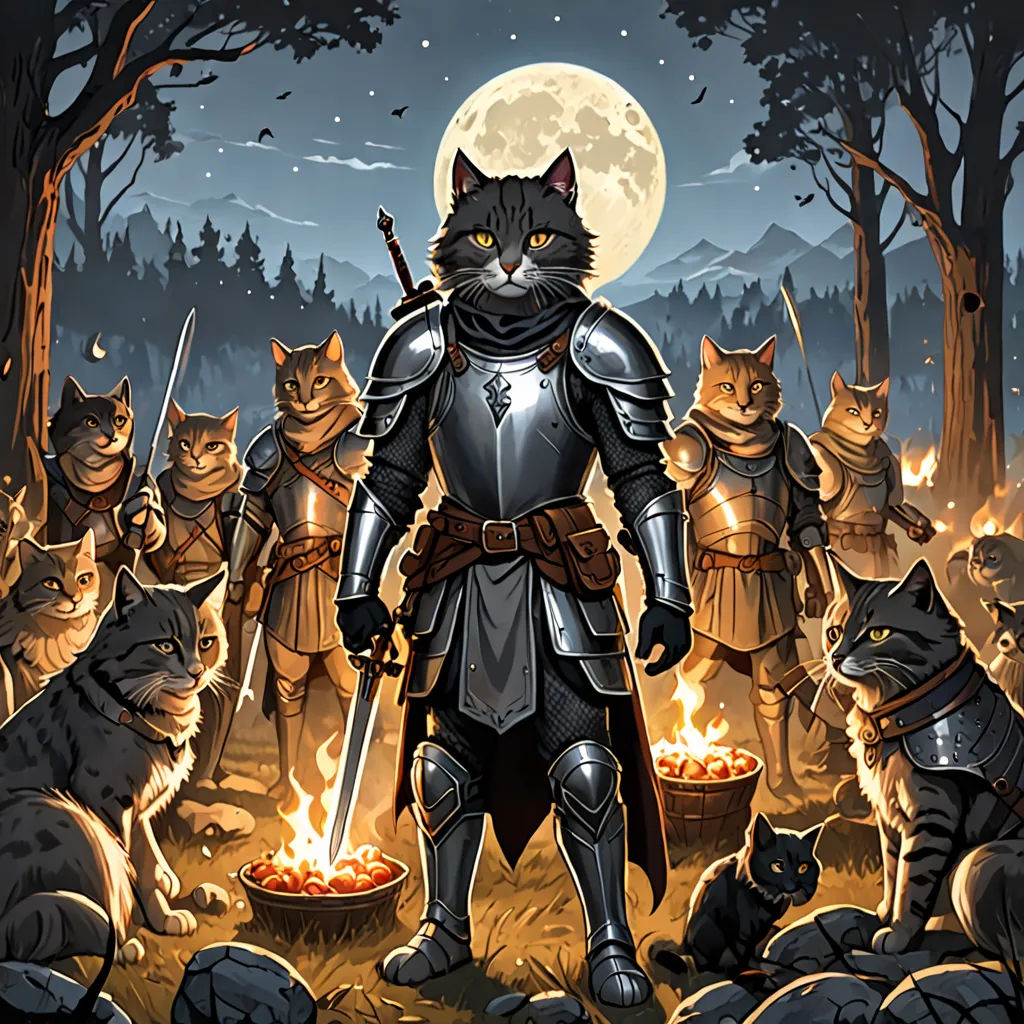 a cat standing in front of a bunch of cats in a forest with a full moon in the background, furry art, concept art, Anne Stokes, furaffinity