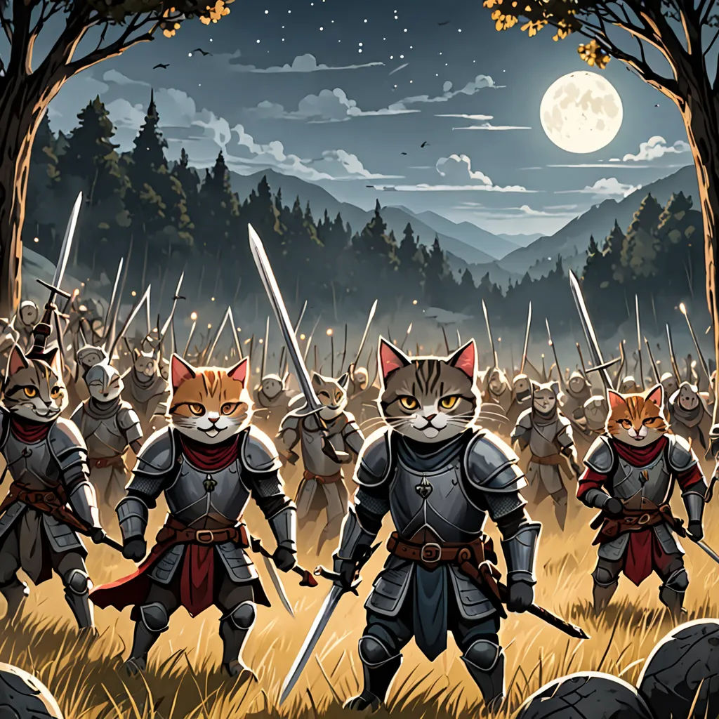 a painting of a cat in a knight's outfit with a sword in front of a group of cats, furry art, concept art, Dan Mumford, trending on furaffinity