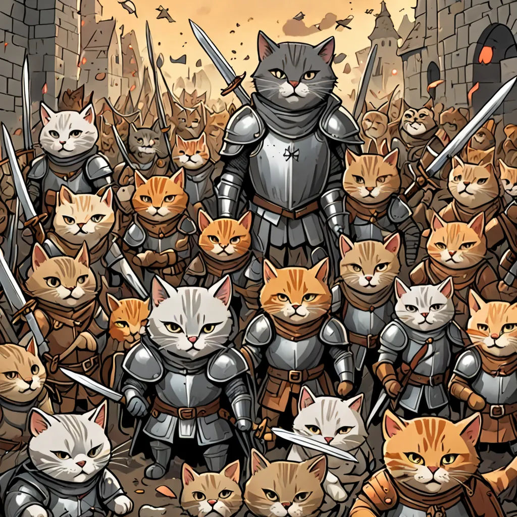 a bunch of cats are standing in front of a group of knights and cats in armor and armor with swords, furry art, concept art, Farel Dalrymple, furaffinity
