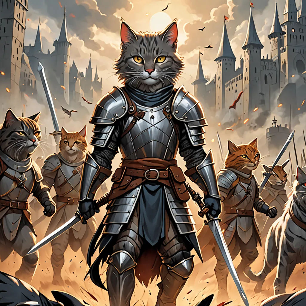 a cat standing in front of a group of cats in armor and holding swords in front of a castle, furry art, concept art, Chris Rahn, trending on furaffinity