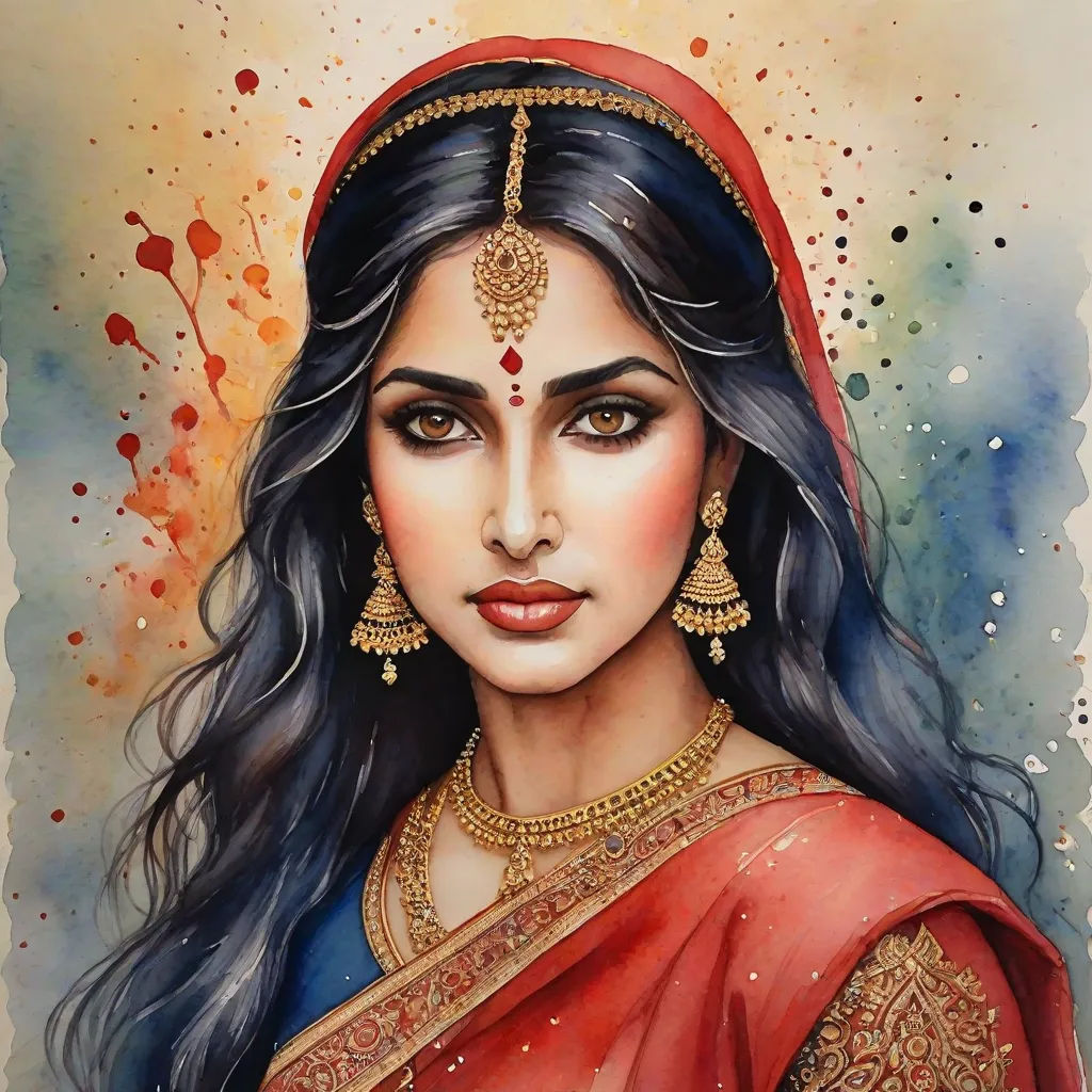 a painting of a woman wearing a red sari and gold jewelry, with a watercolor background and splash of paint, figurative art, a watercolor painting, Anthony Devas, detailed painting