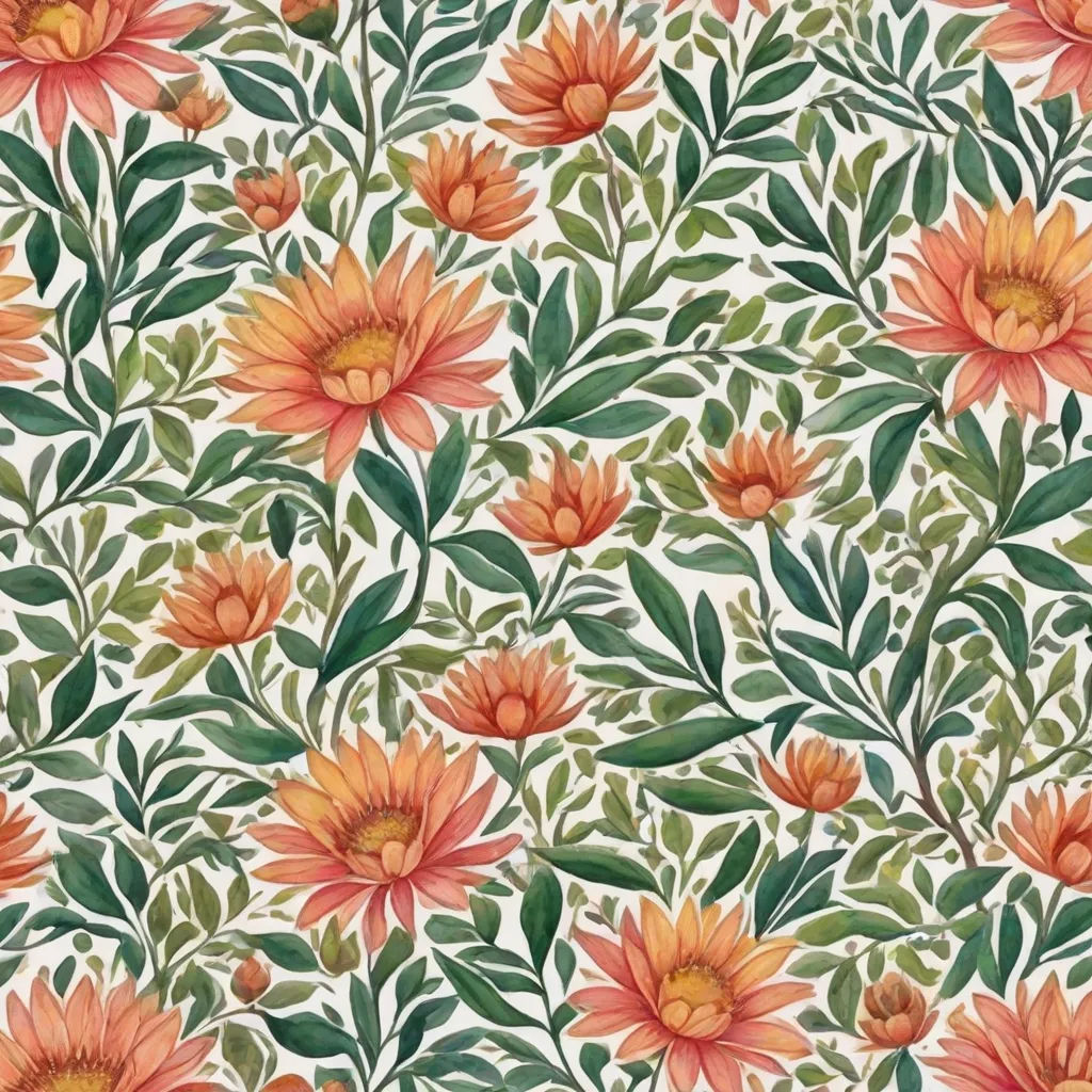 a floral pattern with orange flowers and green leaves on a white background photo of a wallpaper with a floral pattern, arts and crafts movement, a flemish Baroque, Annabel Kidston, in gouache detailed paintings