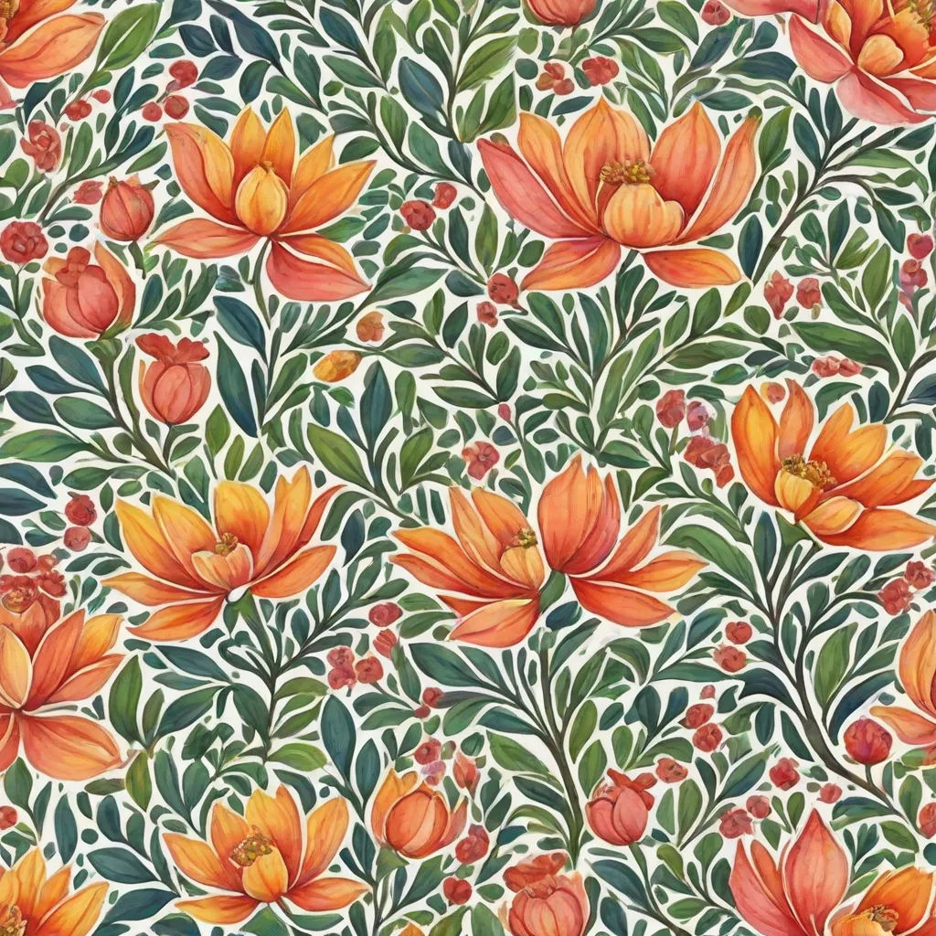 a painting of orange flowers and leaves on a white background with green leaves and berries on the bottom of the image, arts and crafts movement, a detailed painting, Annabel Kidston, in gouache detailed paintings