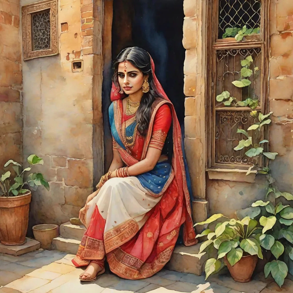 a painting of a woman sitting on a step in front of a doorway with potted plants and a potted plant, figurative art, a detailed painting, Bholekar Srihari, detailed painting