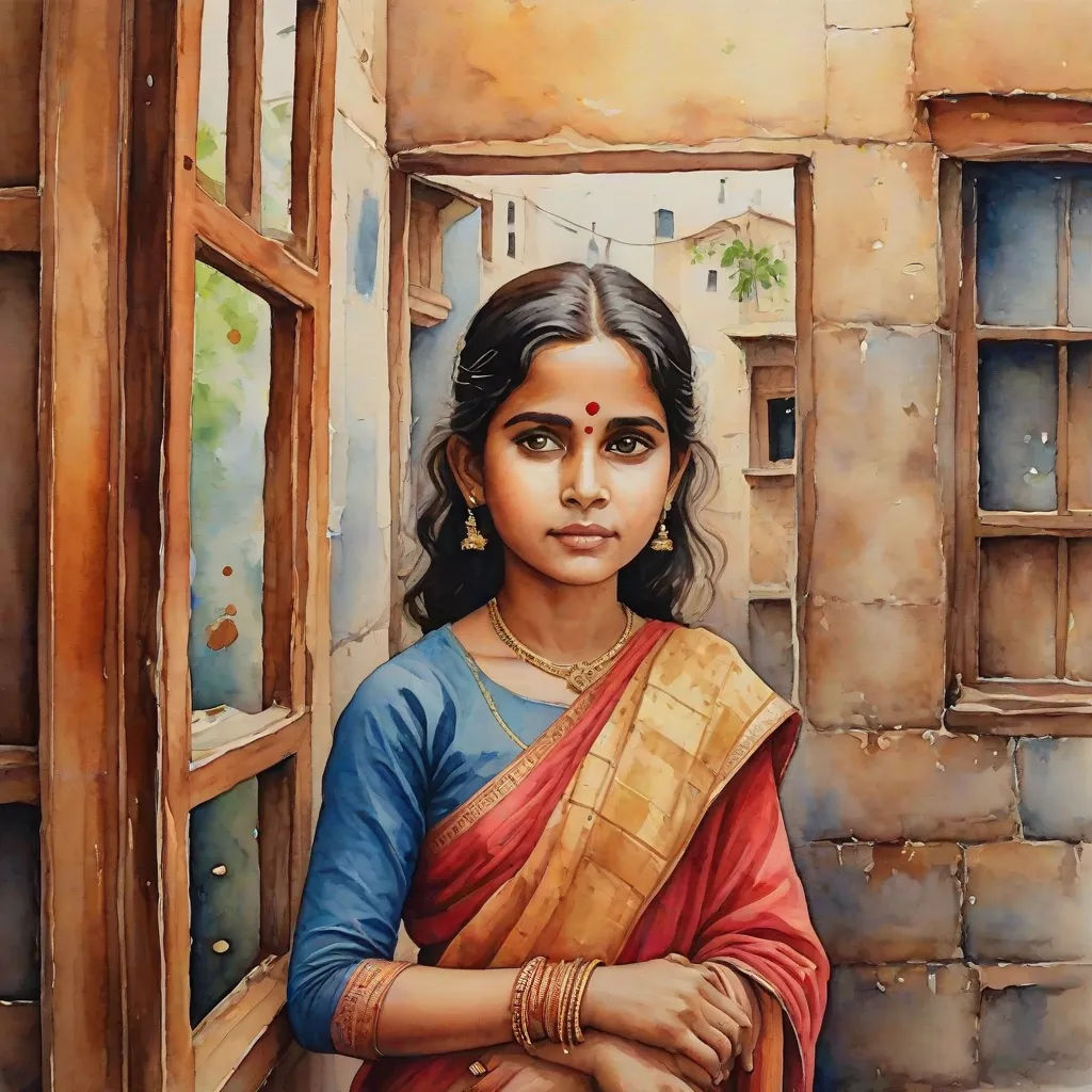 a painting of a woman standing in front of a window with her arms crossed and looking out the window, figurative art, a detailed painting, Bholekar Srihari, highly detailed oil painting