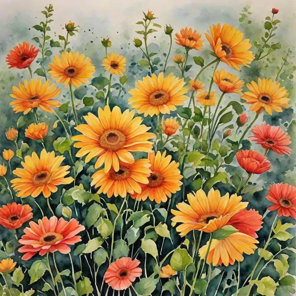a painting of a bunch of flowers in a field of grass and flowers in the foreground, with a blue sky in the background, american scene painting, a watercolor painting, Carol Sutton, watercolor