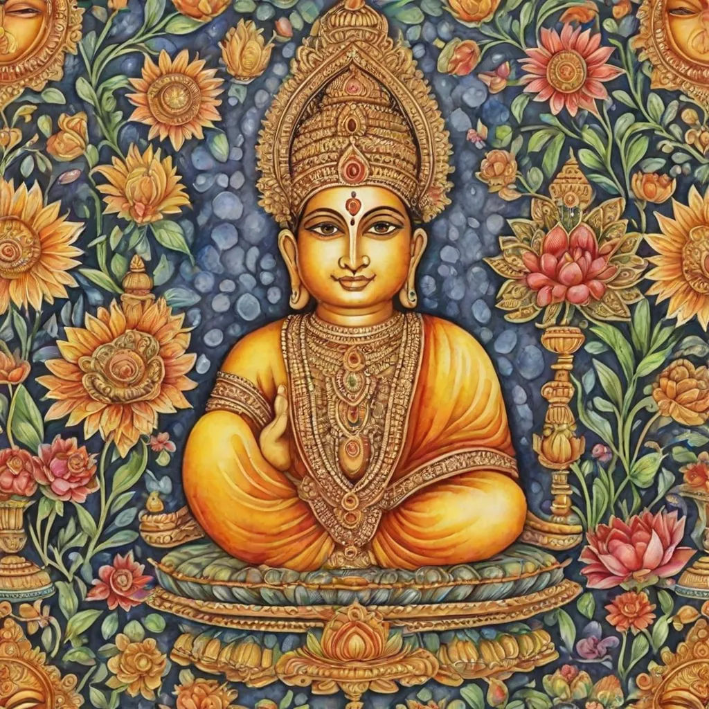 a painting of a buddha sitting in a lotus position surrounded by flowers and sunflowers on a blue background, samikshavad, a detailed painting, Ella Guru, jayison devadas