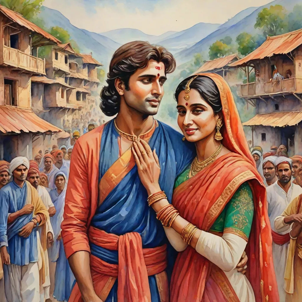 a painting of a man and woman in a village with a crowd of people around them, all dressed in colorful clothing, samikshavad, a detailed painting, Bholekar Srihari, classical painting