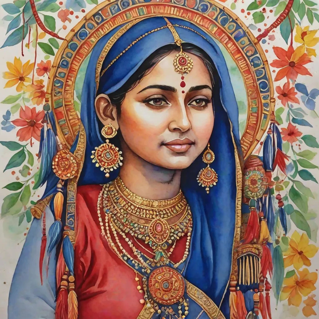 a painting of a woman in a blue veil and red dress with a flowered background and a tree, bengal school of art, a detailed painting, Ella Guru, in gouache detailed paintings
