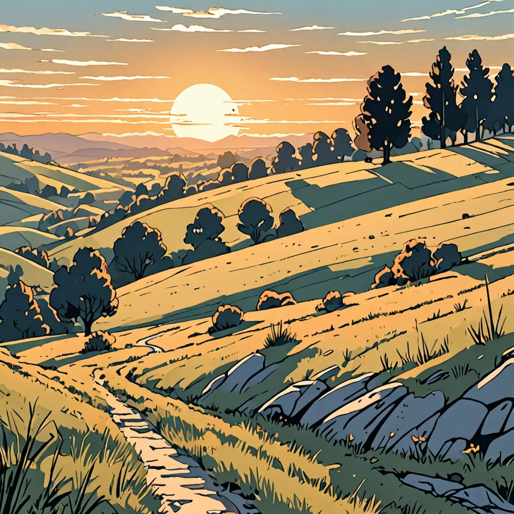 a painting of a hilly landscape with trees and rocks in the foreground and a sunset in the background, environmental art, a comic book panel, Asaf Hanuka, josan gonzales and dan mumford