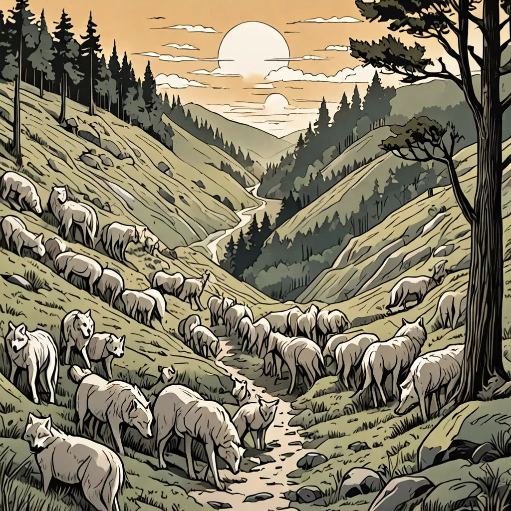 a herd of sheep walking down a dirt road in a forest under a sunset sky with a sun setting, environmental art, a storybook illustration, Dan Mumford, josan gonzales and dan mumford