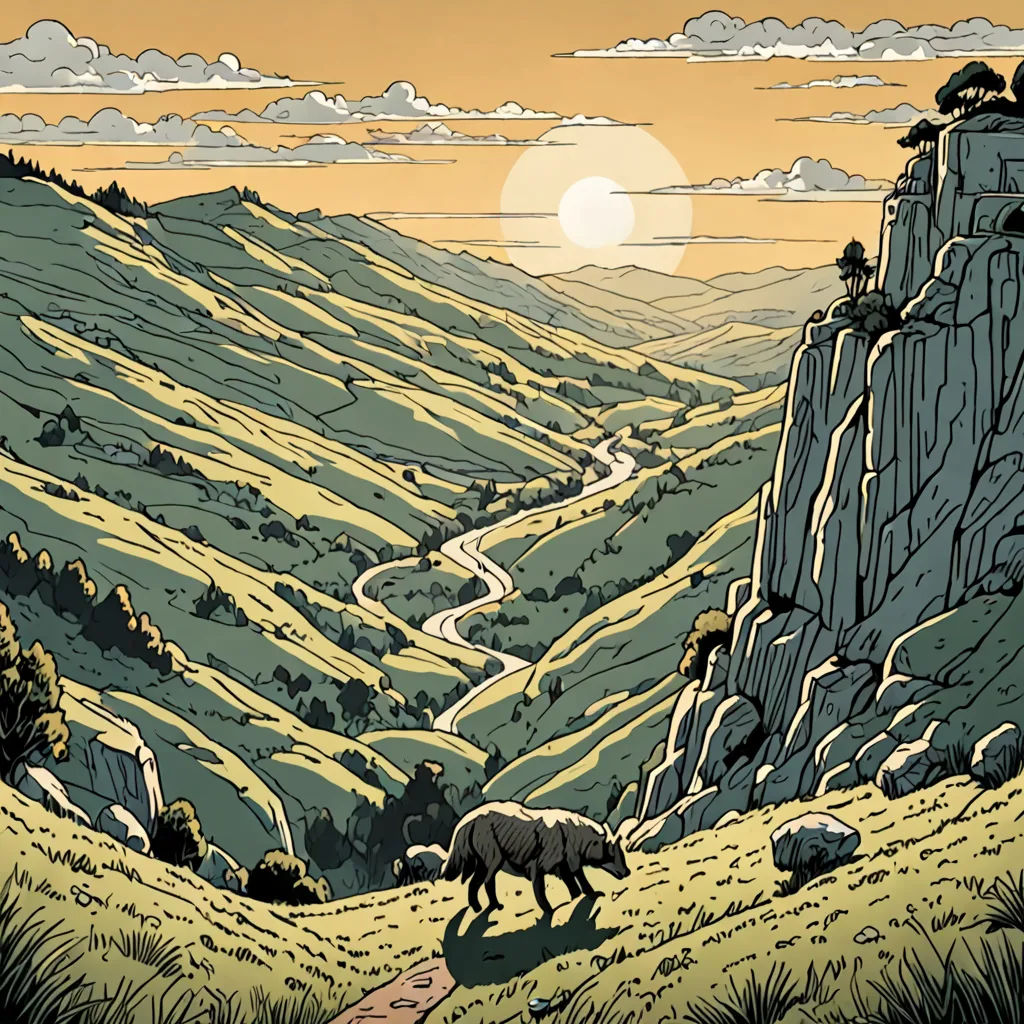 a painting of a mountain landscape with a path leading to a mountain top with a wolf on it and a sun in the distance, regionalism, a storybook illustration, Dan Mumford, josan gonzales and dan mumford