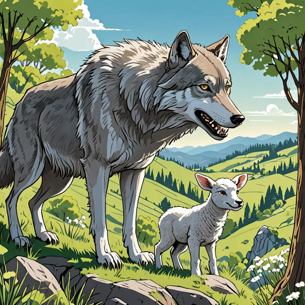 a wolf and a lamb standing in a forest with mountains in the background and trees in the foreground, context art, a storybook illustration, Diego Gisbert Llorens, storybook illustration