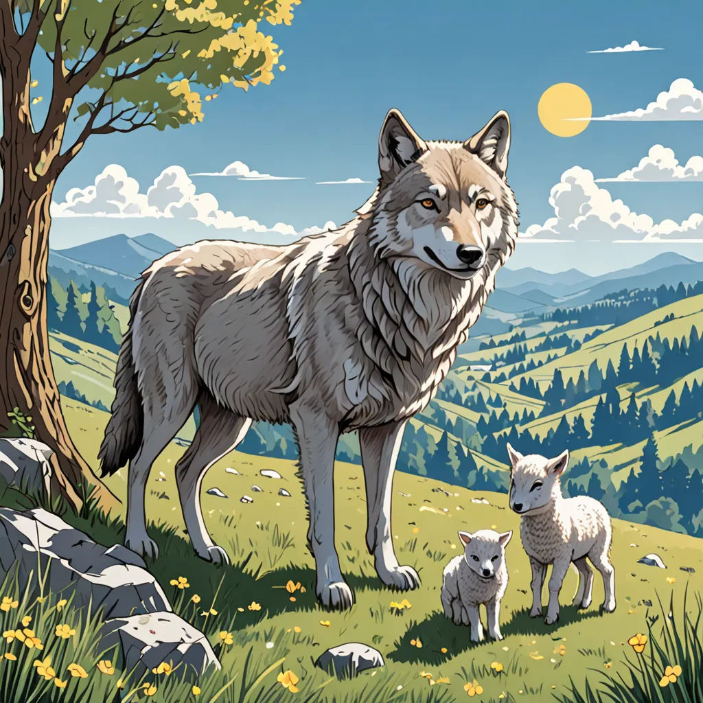 a wolf and her two babies in a field with mountains in the background and a sun in the sky, naturalism, a storybook illustration, Chris LaBrooy, detailed illustration