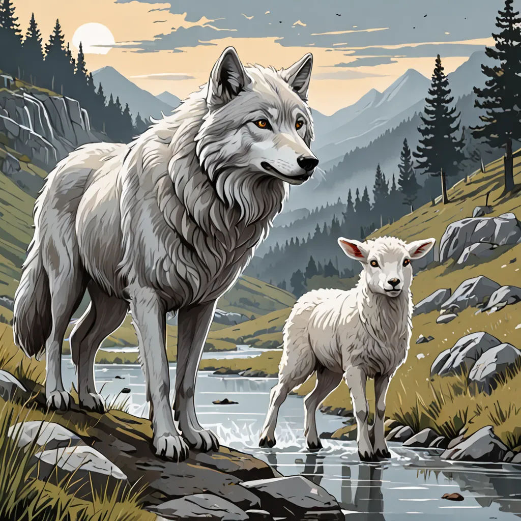 a wolf and a lamb standing on a rocky hillside by a stream of water with mountains in the background, optical illusion, a storybook illustration, Dan Mumford, josan gonzales and dan mumford