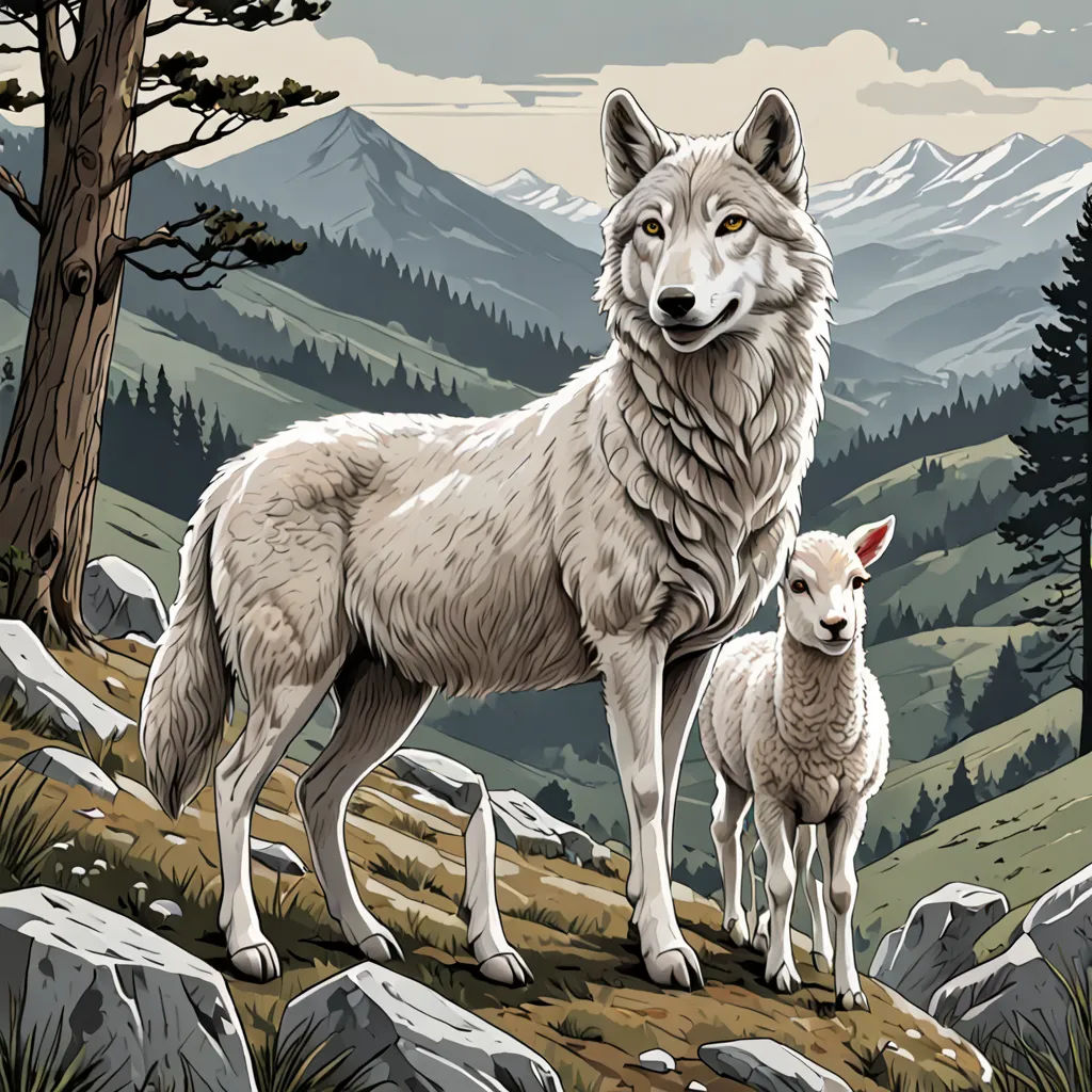 a wolf and a lamb standing on a hill with mountains in the background and a cloudy sky above them, naturalism, a storybook illustration, Dan Mumford, josan gonzales and dan mumford
