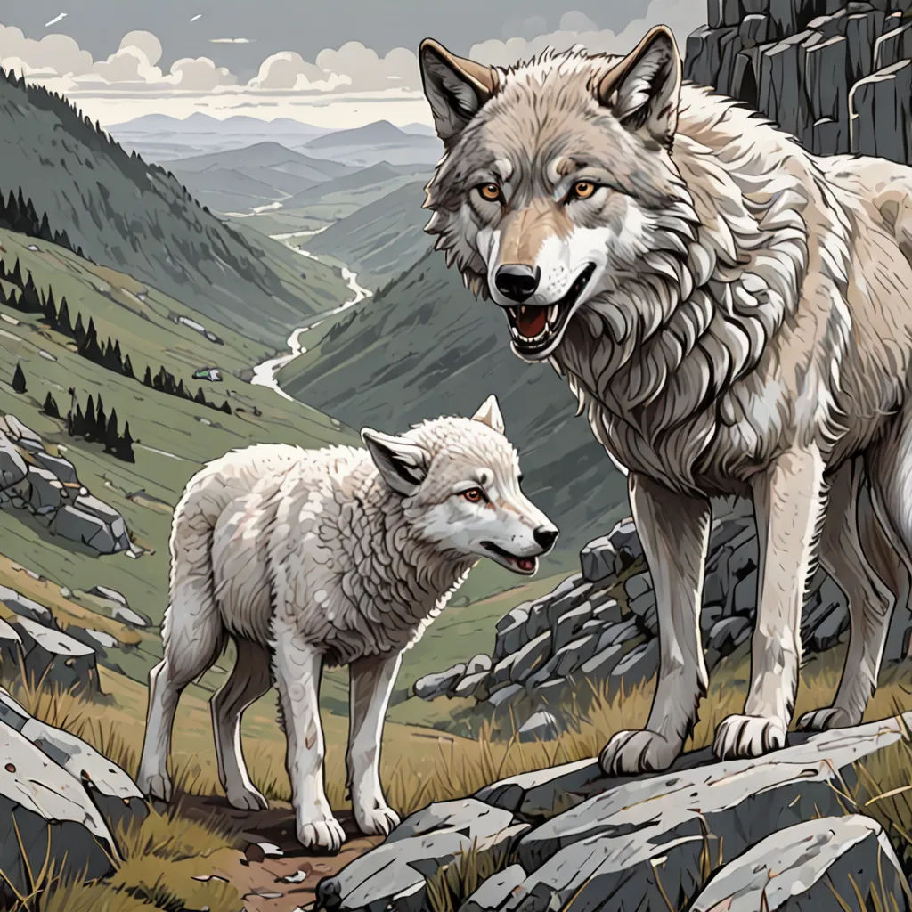 a wolf and a sheep standing on a rocky hillside with a mountain view in the background and a cloudy sky, naturalism, a storybook illustration, Dan Mumford, detailed illustration
