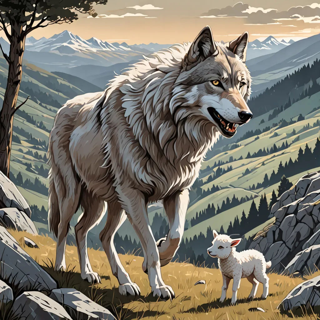 a wolf and a lamb are standing in a field with mountains in the background and a sky with clouds, fantasy art, a storybook illustration, Dan Mumford, storybook illustration