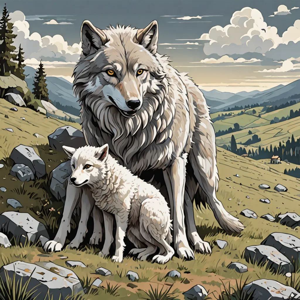 a wolf and her baby are sitting on a hill with rocks and grass in the foreground, and a mountain in the background, psychedelic art, a storybook illustration, Dan Mumford, josan gonzales and dan mumford