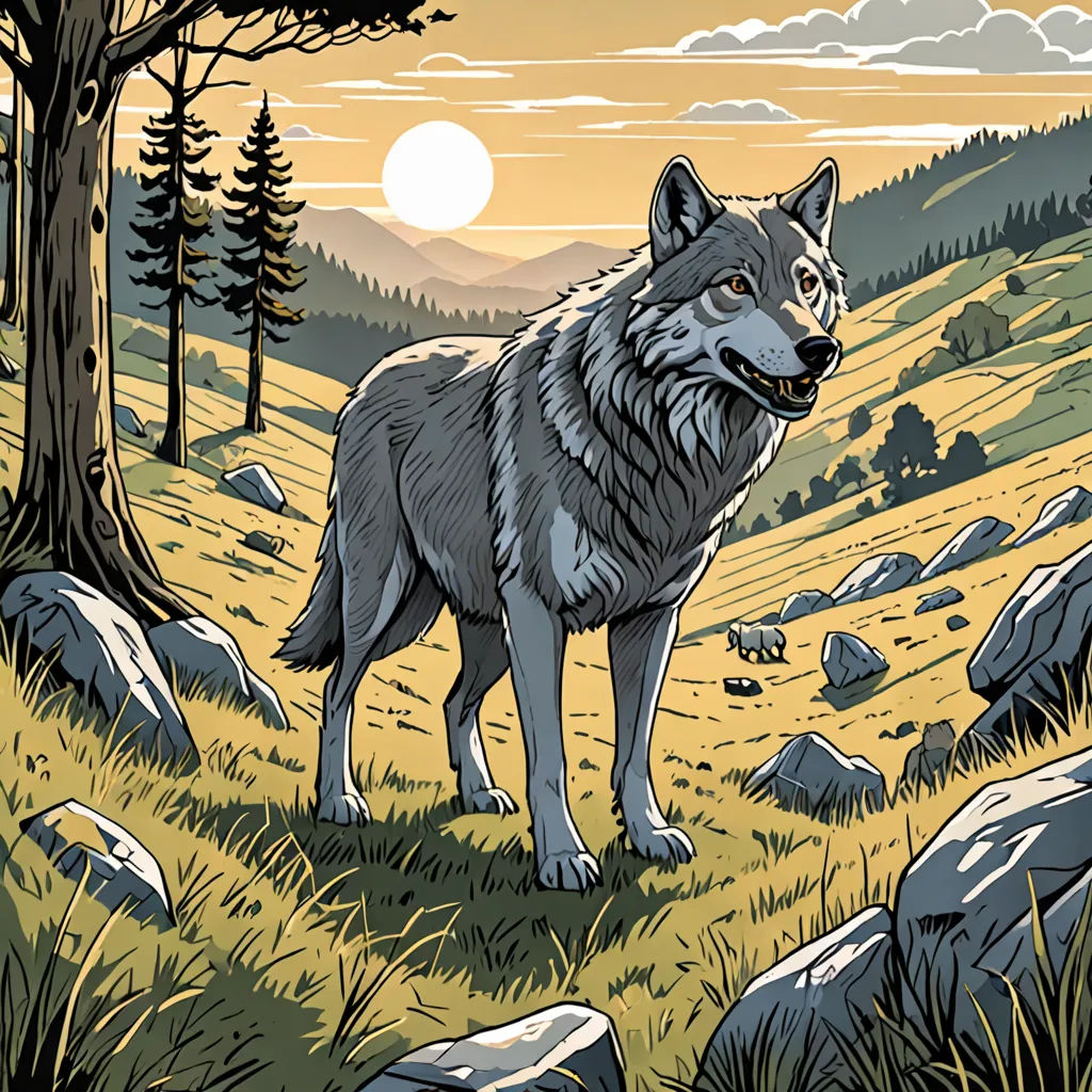 a wolf standing in a field with a sunset in the background and trees and rocks in the foreground, furry art, a storybook illustration, Dan Mumford, josan gonzales and dan mumford
