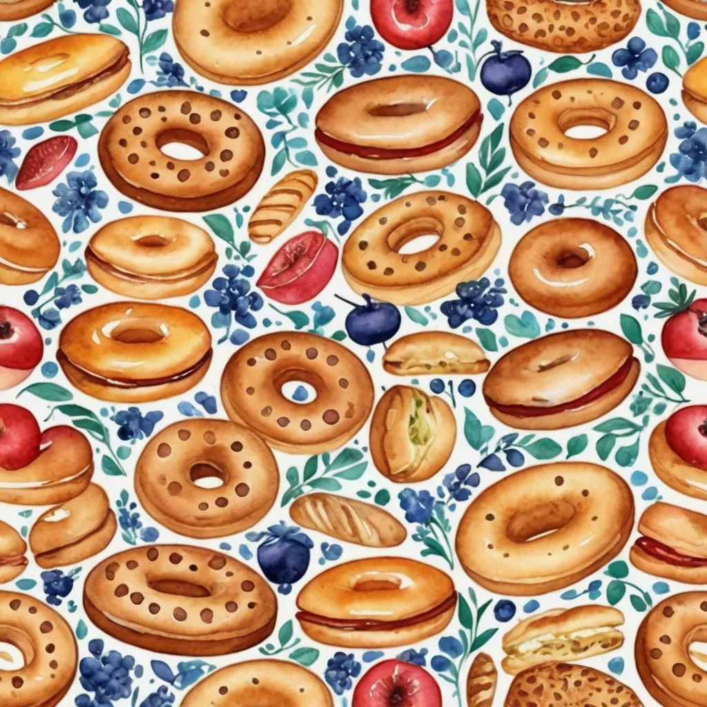 a painting of a bunch of donuts on a table cloth with leaves and berries on it and a blue flowered background, folk art, a detailed painting, Annabel Kidston, in gouache detailed paintings