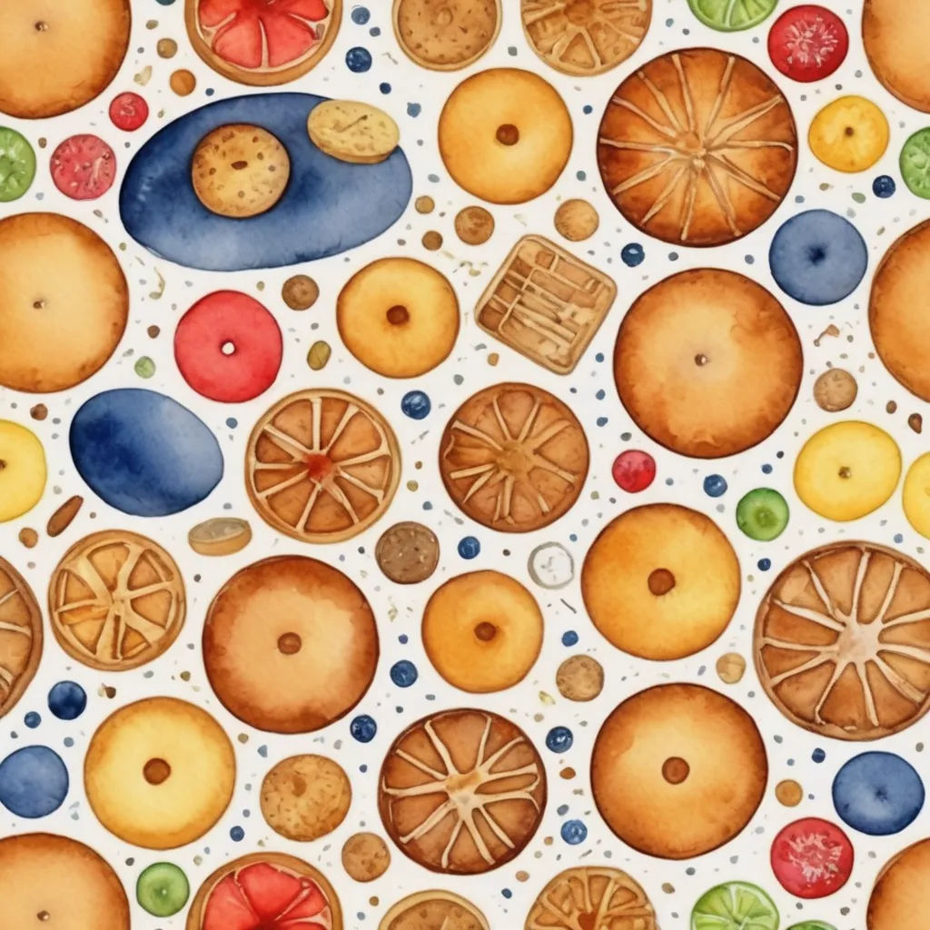 a painting of a bunch of different types of food on a white surface with blue, red, green, and yellow circles, generative art, a detailed painting, Chris LaBrooy, detailed illustration
