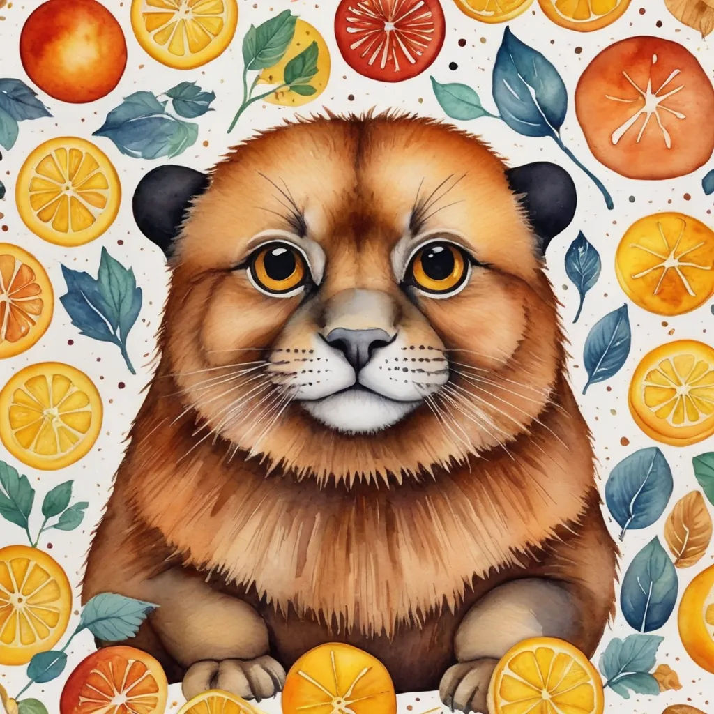 a painting of a cat surrounded by oranges and leaves and leaves on a white background with a white border, folk art, a watercolor painting, Chris LaBrooy, in gouache detailed paintings