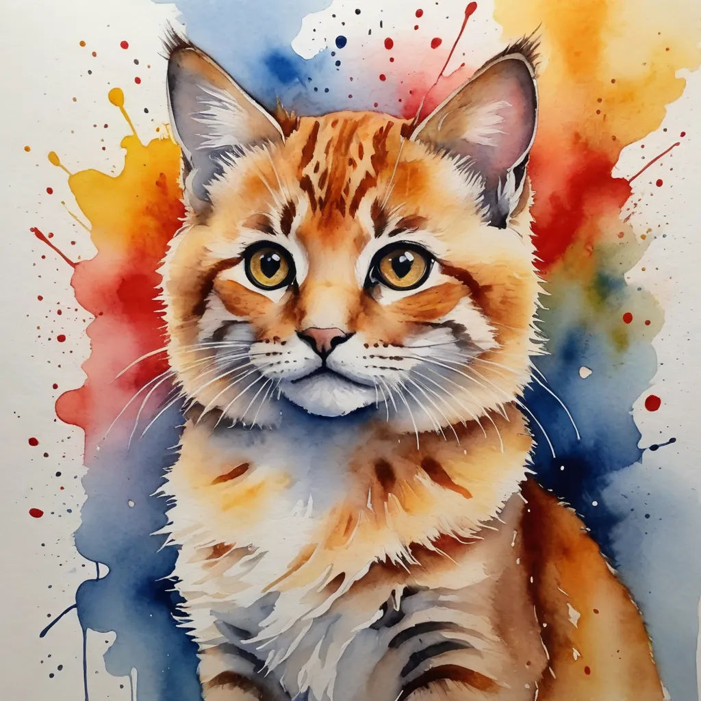 a painting of a cat with a watercolor background and a watercolor splash behind it, with a yellow, orange, and blue cat's eyes, modern european ink painting, a watercolor painting, artist, watercolor
