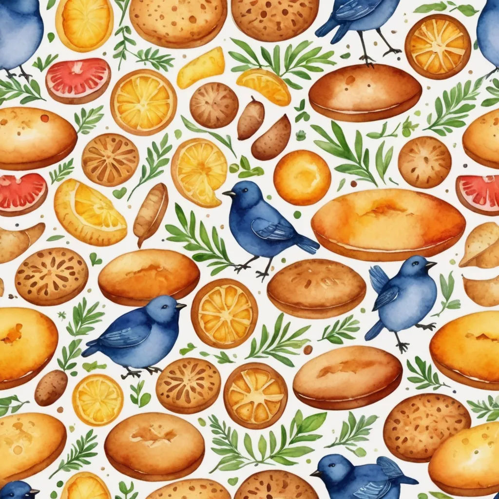 a painting of birds and fruits on a white background with green leaves and oranges on the bottom of the image, folk art, a detailed painting, Annabel Kidston, detailed illustration