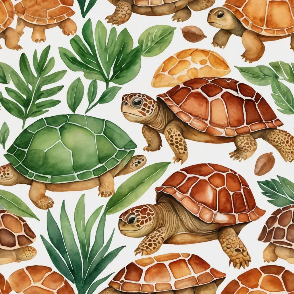 a watercolor painting of turtles and plants on a white background with green leaves and leaves on the bottom, naturalism, a storybook illustration, Anna Findlay, in gouache detailed paintings