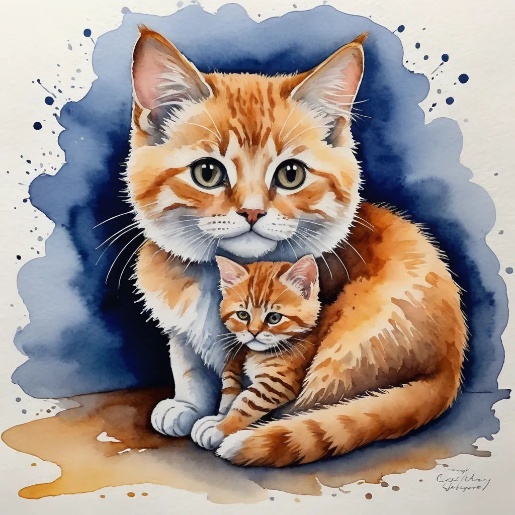 a watercolor painting of a cat and a kitten sitting together on a blue background with a spot of water, modern european ink painting, a watercolor painting, Carol Sutton, trending on art station