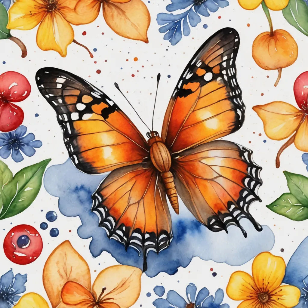 a painting of a butterfly on a white background with flowers and leaves around it, with watercolors, cloisonnism, a watercolor painting, Annabel Kidston, detailed illustration