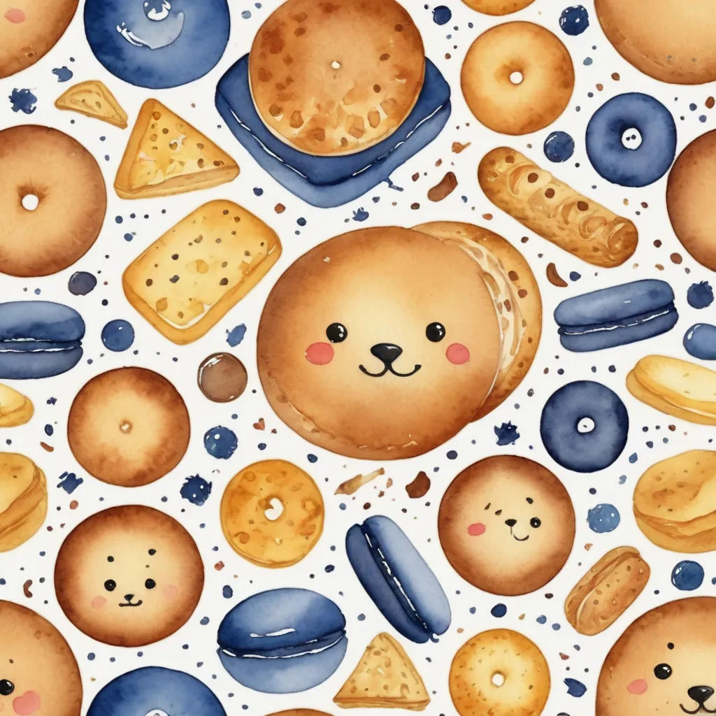 a painting of a bunch of food items on a white background with blue dots and dots around it, including bread, doughnuts, and other items, furry art, a detailed painting, Chris LaBrooy, highly detailed digital art