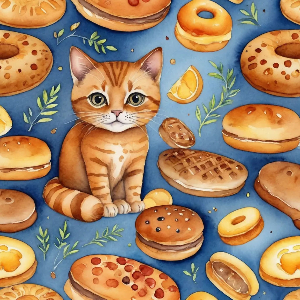 a painting of a cat surrounded by many different types of donuts and pastries on a blue background, furry art, a watercolor painting, Chris LaBrooy, in gouache detailed paintings
