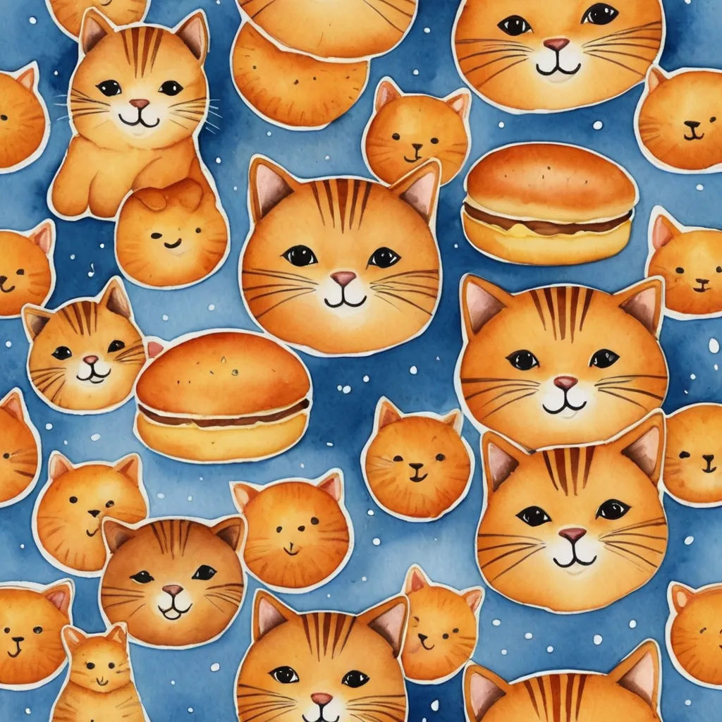 a painting of many cats with different faces and eyes, all in orange and blue colors, with a hamburger and hamburger bun in the middle, folk art, a detailed painting, Annabel Kidston, wallpaper