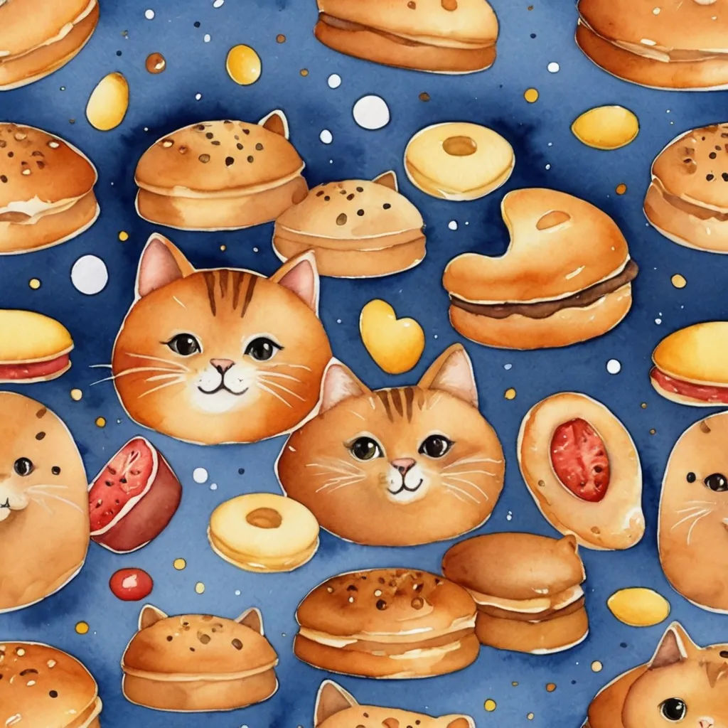 a painting of a cat surrounded by hamburgers and cats on a blue background with stars and dots around it, furry art, a detailed painting, Claire Hummel, in gouache detailed paintings