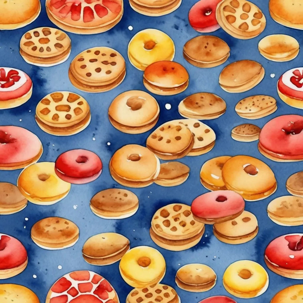 a painting of a bunch of different types of donuts and other pastries on a blue background with a white dot, generative art, a detailed painting, Annabel Kidston, detailed illustration