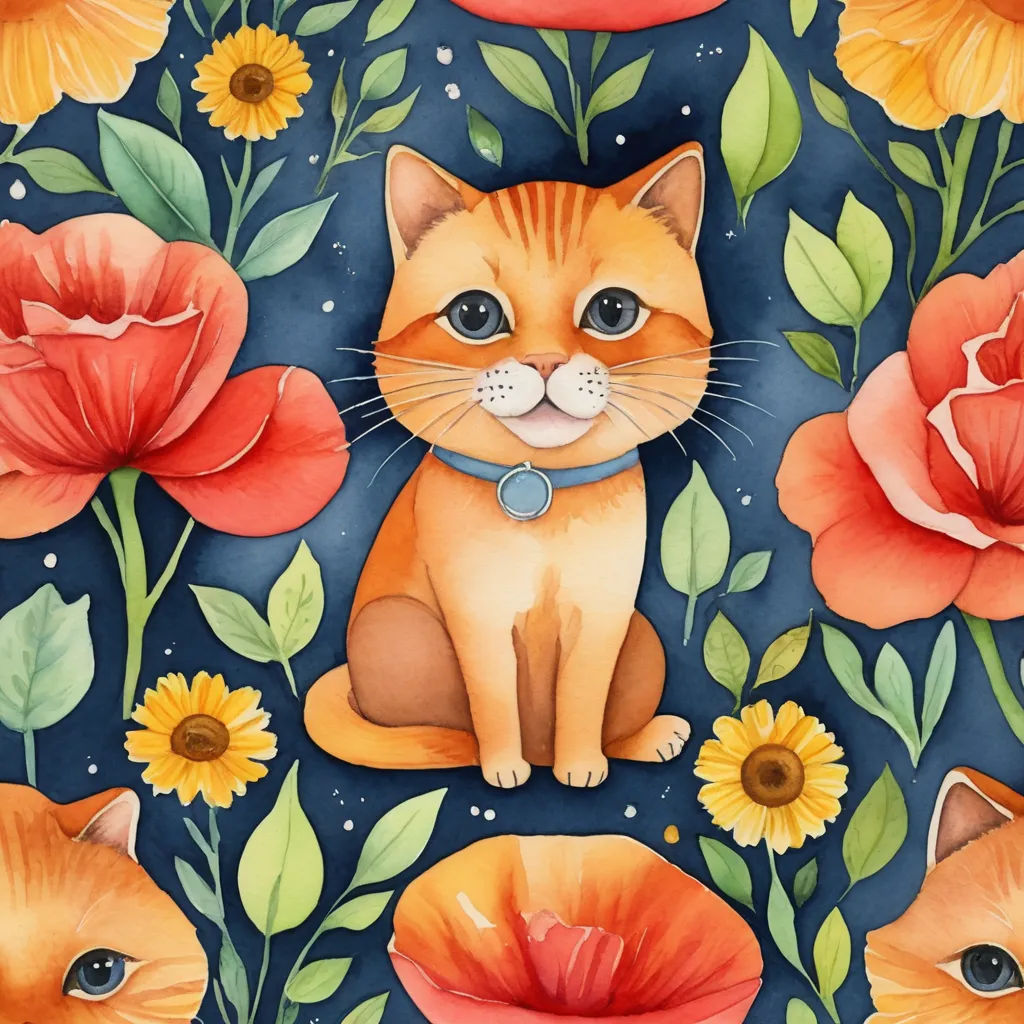 a painting of a cat surrounded by flowers and leaves on a blue background with a red ribbon around its neck, folk art, a detailed painting, Annabel Kidston, in gouache detailed paintings