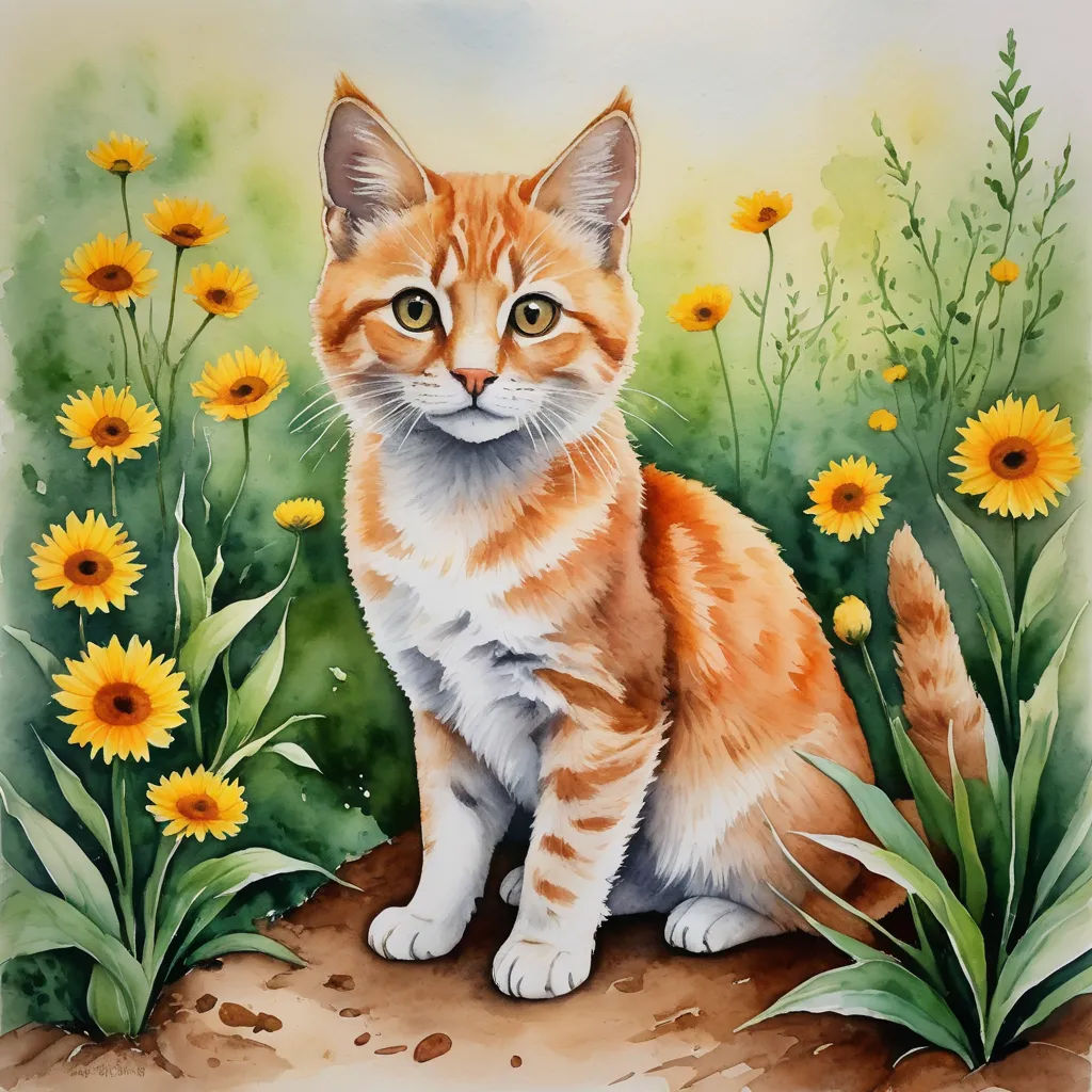 a painting of a cat sitting in a field of sunflowers and daisies with a sky background, photorealism, a watercolor painting, Betty Merken, professional digital painting