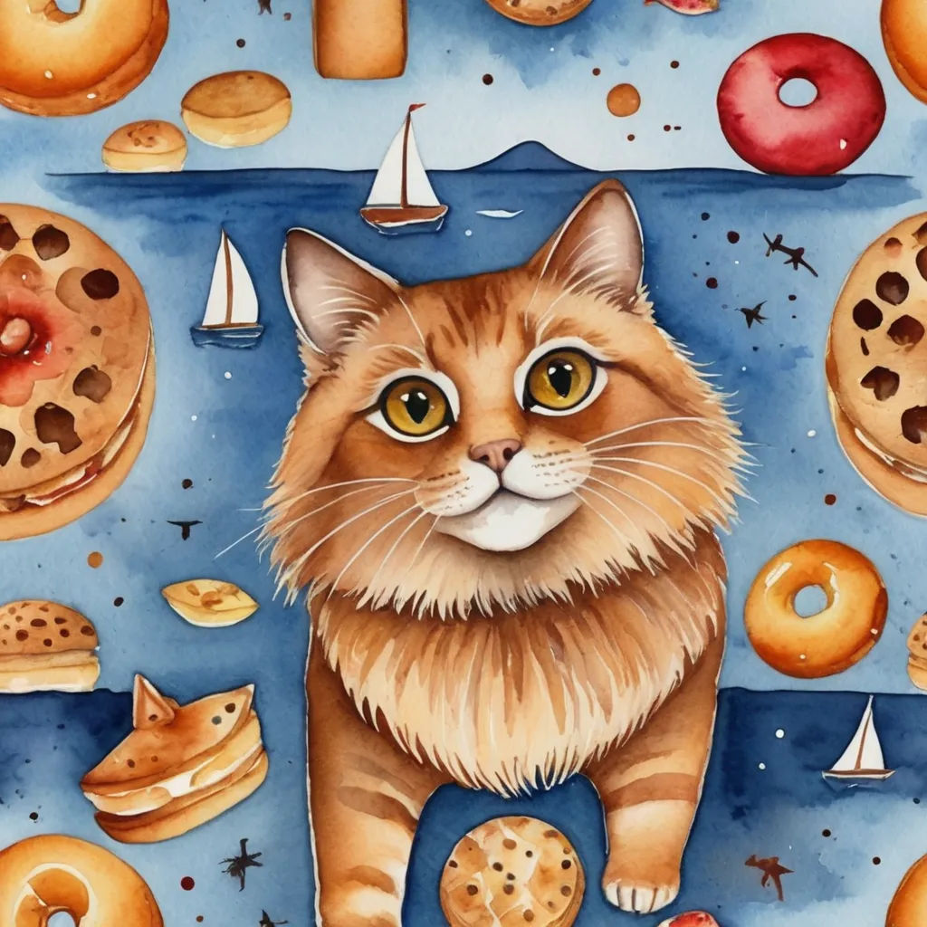 a painting of a cat surrounded by donuts and other food items, including a cookie, a doughnut, and a cat, naive art, a detailed painting, Annabel Kidston, in gouache detailed paintings